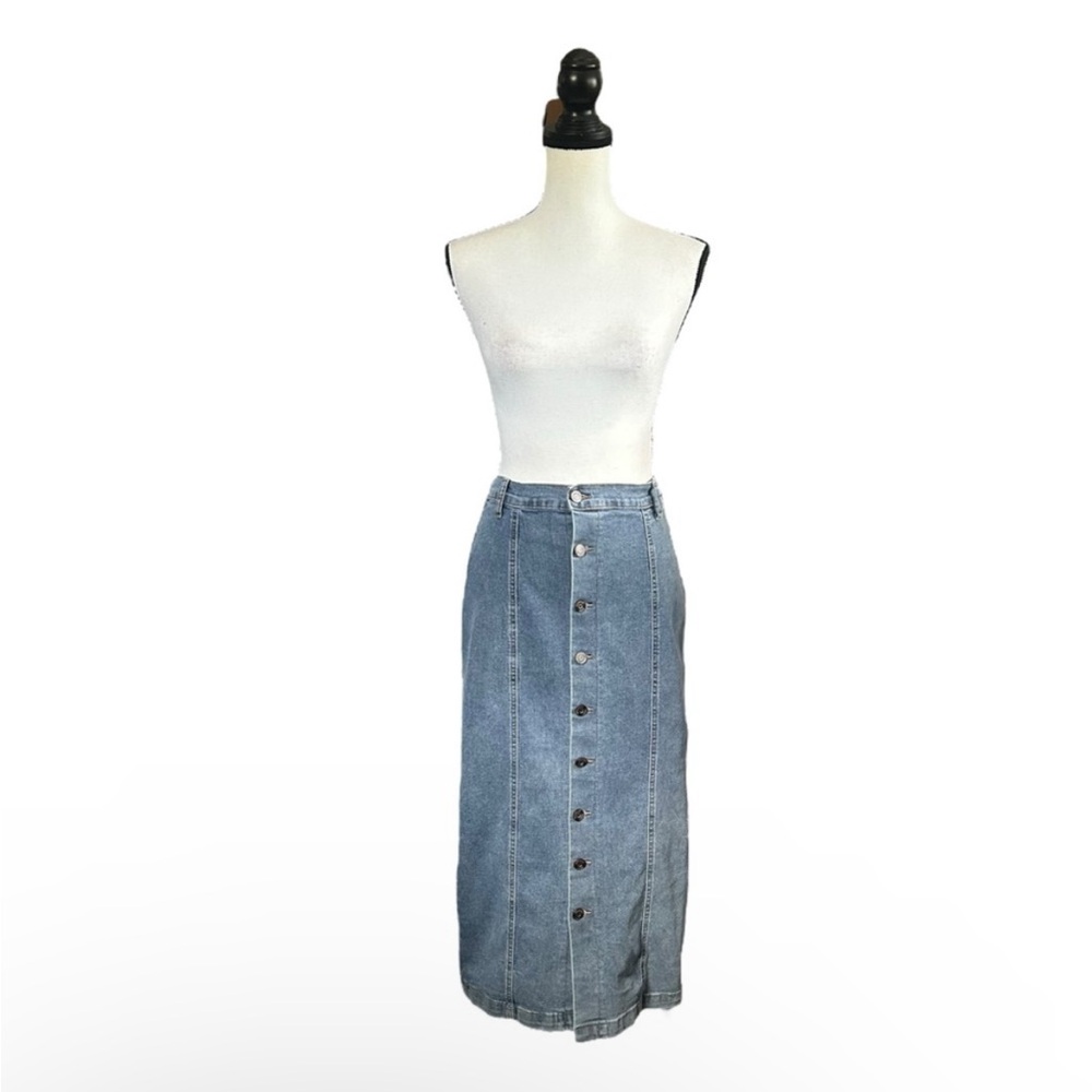 Happily Grey Jean Midi Skirt Button Front Stretch Denim Y2K 90s Grunge Size 5